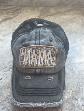 Buckle Hat. MAMA Leopard Patch Distressed Trucker Hat - Black